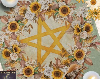 Cotton Pentacle Altar Cloth | Sunflower Harvest Tarot Reading Mat, Witchy Sabbat Decor