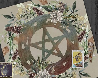 Altartuch aus Baumwolle mit Waldblumenmuster und Pentagramm | Hexentextilien | Design zur Herbst-Tagundnachtgleiche