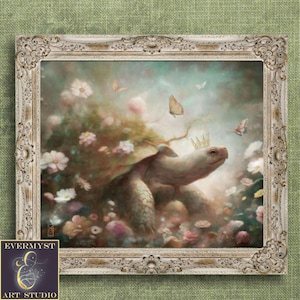 Fantasy Whimsical Animal Art Print, Flower Tortoise Painting, Magical Fairytale Turtle with Butterflies Artwork