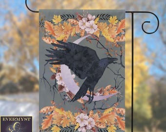 Raven Moon Garden Flag – Harvest Crow Folk Fall Woodland Animal Banner -