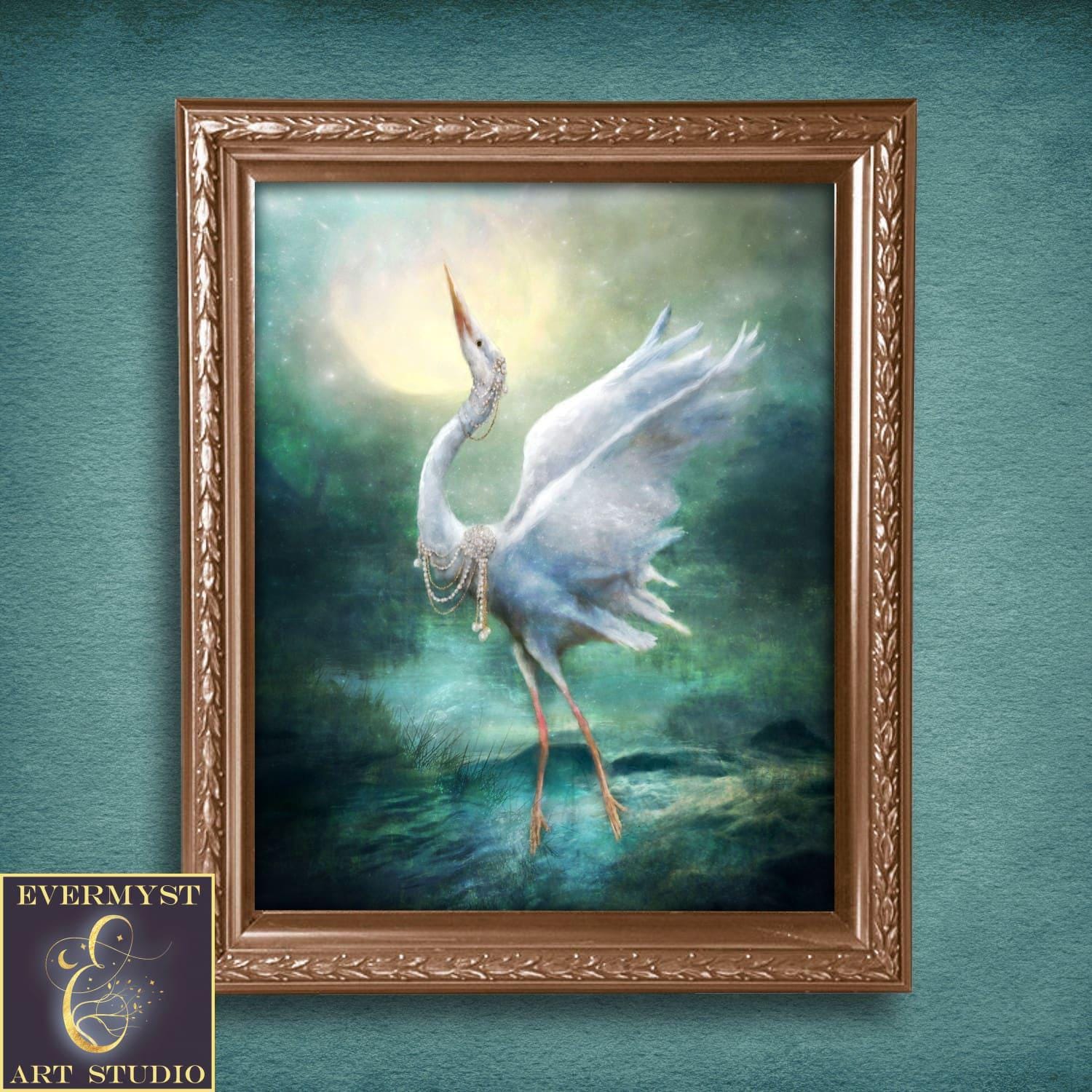 Arte fantástico de garzas, arte de aves mágicas, pintura de garzas, arte totémico animal, arte mítico, lienzo de arte original de cuentos de hadas