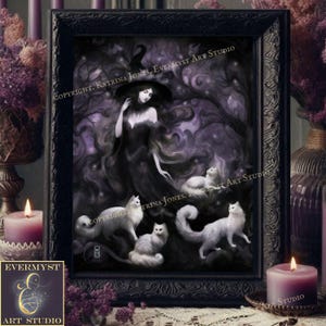 Nouveau Witch Wall Art , Witch Art work, Purple Witch Art , Witch and Cats Painting
