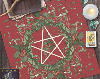 Pentacle Altar Cloth | Pagan Yule Tarot Textile, Holly Mistletoe Design