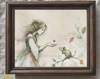 Mythic Watercolor Fairy Painting – Folk Fairy Tale  Art Print - Custom Whimsical Cottage Wall Decor
