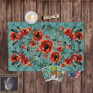 Cottage Altar Cloth, Tarot Cloth, Bohemian Red Flowers Altar Decor, Cottage Witch Decor