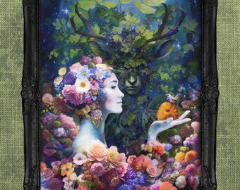 Green Man and Flower Goddess Art Print Pagan Wedding Gift Fantasy Painting Wall Decor