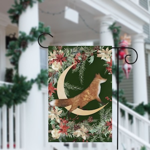 Forest Fox Winter Yule Garden Flag Whimsical Green Folk Woodland Cottage Yard Banner Sign Poinsettia