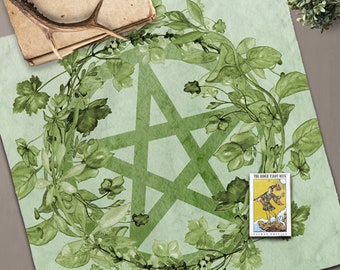 Tarot Cloth, Altar Cloth, Wicca Green Pentacle Symbol Botanical Witch Pagan Altar Cltoh