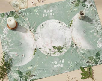 Triple Moon Altar Cloth | Green Goddess Lunar Ritual Mat | Botanical Tarot Reading Cloth | Nature Witch Decor | Moon Phases