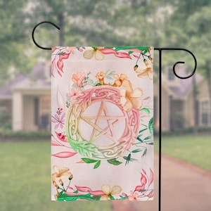 Spring Floral Pentacle Garden Flag, Witch Gift, Witch Decor, Pagan Gift, Pentacle Flag, Pagan Decor, Wicca Wedding Gift