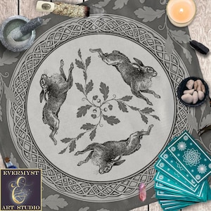 Celtic Hare Altar Cloth, Grey Black Rabbit Altar Cloth, Wiccan Pagan Decor, Rabbit Tarot Cloth