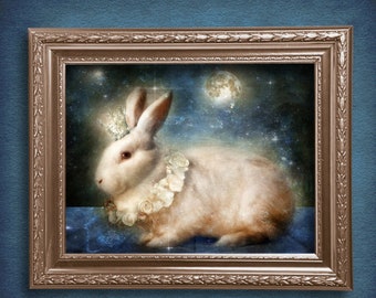 Fantasy Rabbit Art Print Moon Hare Mythic Fairy Tale Easter Ostara Bunny Painting Decor