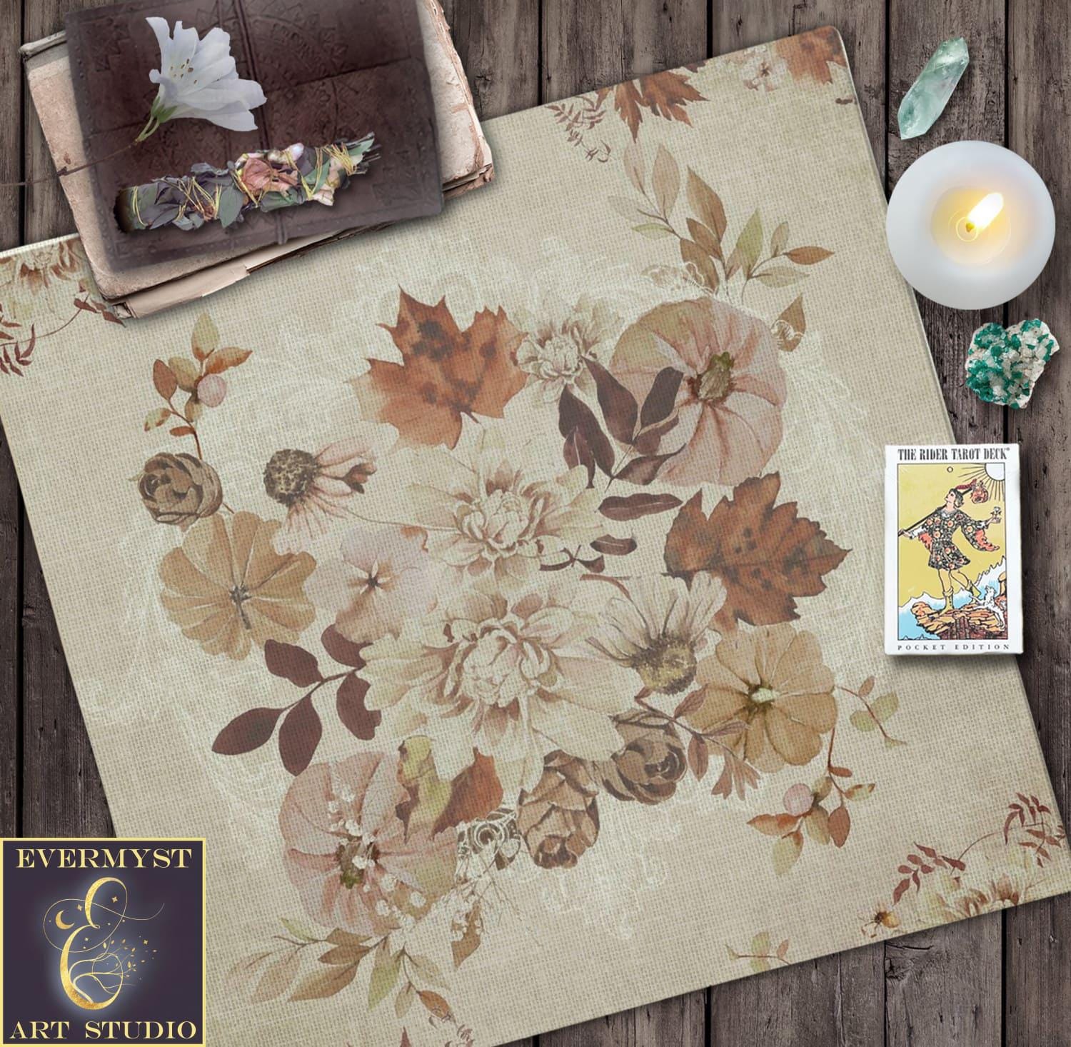 Fall Altar Cloth Tarot Reading Mat Autumn Pumpkin Floral Cottage Witch Tan Decor
