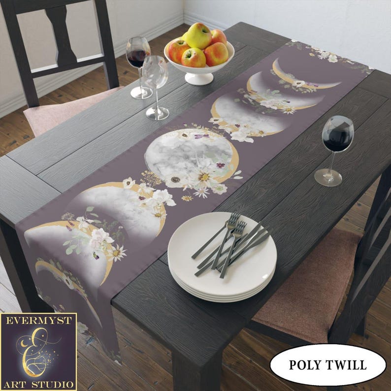 Moon Phases And Wildflowers Table Runner - Witchy Lunar Decor