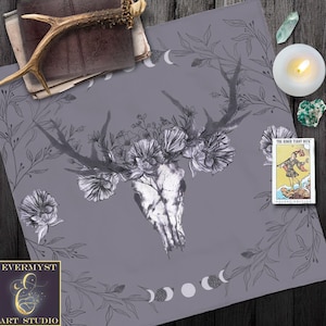 Tarot Cloth, Altar Cloth, Witchy Boho Nature Pagan Skull Flowers Altar Decor