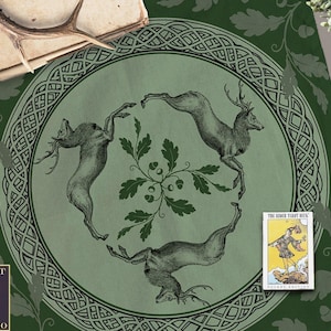 Celtic Stag Cloth, Green Forest Altar Mat | Nature Ritual Decor