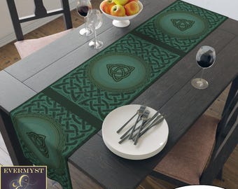 Celtic Knot Green Table Runner - Moody Green Textile Decor - Long Altar Cloth