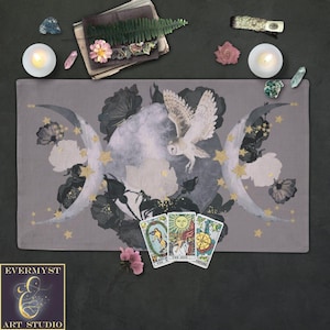 Altar Cloth - Tarot Cloth - Boho Cottage Moon Owl Altar Cloth - Dark Academia Decor - Tarot Reading Mat