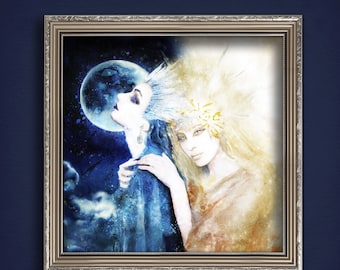Goddess Art, Moon And Star Art, Celestial Painting, Goddess Painting, Goddess Canvas, Boho Decor, Celestial Goddesses, Wicca Art