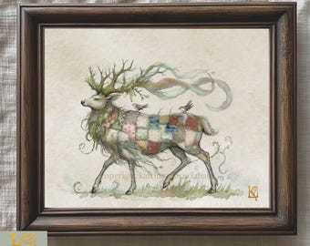 Mythic Watercolor Whimsical Deer  Painting – Folk Woodland Animal Art Print - Cottage Wall Decor