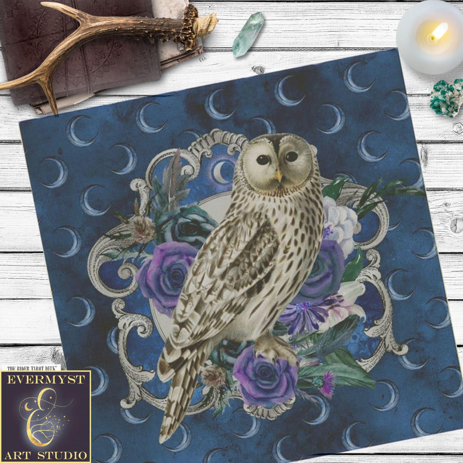 Owl Altar Cloth - Tarot Cloth - Wicca Witch Pagan Owl With Flowers Altar Decor