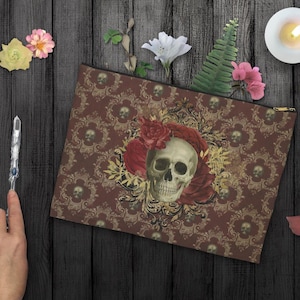 Bolsa de tarot, accesorio de belleza oscura con calaveras y rosas, bolsa con cremallera, baraja de tarot, oráculo, maquillaje, neceser con cremallera, estilo gótico, glamuroso y dorado.