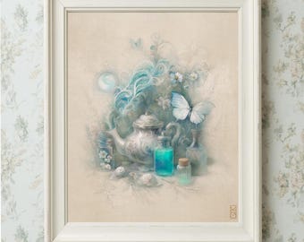 Teapot Moonwater Art Print – Ethereal Cottage Witchcore Painting (Fine Art Paper)