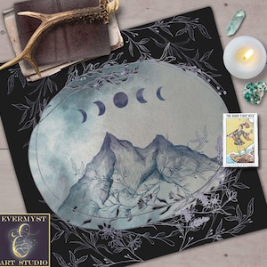Magical Moon Mountain Tarot Cloth, Altar Cloth, Moon Phases Botanical Accents
