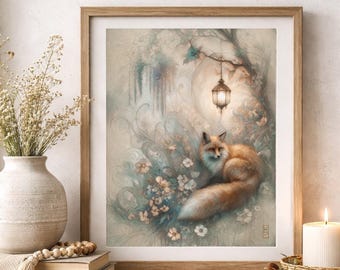 Ethereal Fox and Flowers Art Print – Dreamy Cottage Garden Painting