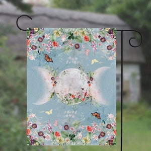 Litha Garden Flag - Triple Moon Yard Flag Wicca Witch Banner decor - Cottage Witch Flag