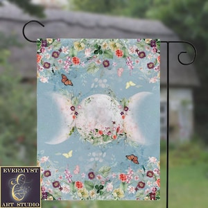 Litha Garden Flag - Triple Moon Yard Flag Wicca Witch Banner decor - Beltane Cottage Witch Flag