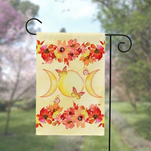 Summer Sun Floral Triple Moon Garden Flag Pagan Wicca Witch Litha Yard Sign Decoration