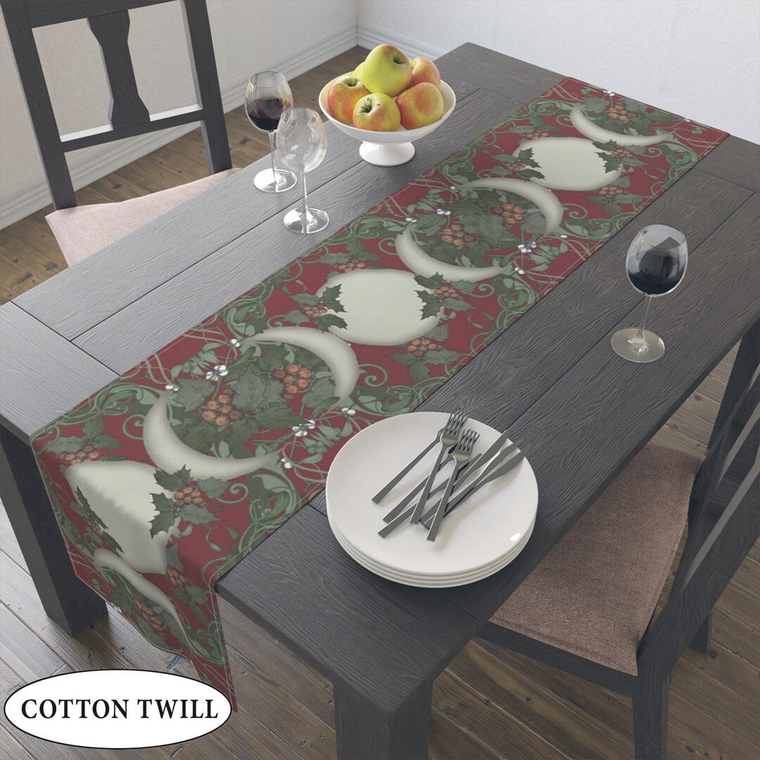 Yule Red Holly Triple Moon Table Runner Altar Cloth Tarot Reading Mat