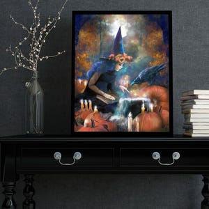 Fall Witch in Pumpkin Patch Painting Halloween Samhain Art Print Witchy Decor