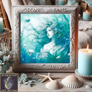 Zeemeerminschilderij, zeegodin Art Print, zeemeermin muur canvas decor, nieuwsgierige zeemeermin fantasiekunstwerk