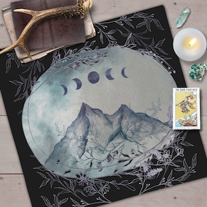 Magical Moon Mountain Tarot Cloth, Altar Cloth, Moon Phases Botanical Accents