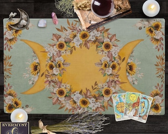 Triple Moon Harvest Sunflowers Altar Cloth  - Tarot Reading  Mat - Lughnasadh Sacred Space Decor