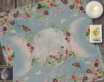 Altartuch aus Baumwolle mit Dreifachmond-Motiv – Beltane-Blumenmuster-Textilmatte – Personalisierungsoption