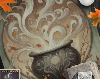 Fall Mabon Altar Cloth with Cauldron Design - Samhain Nature Tarot Mat