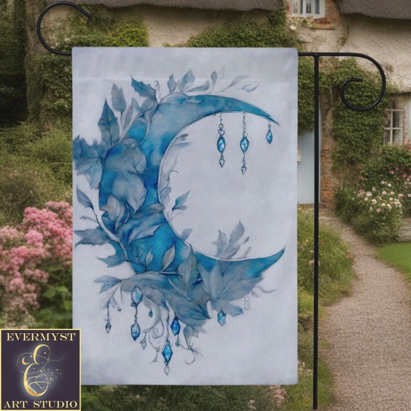 Blue Moon Boho Garden Flag, Moon Flower Cottage Witch Banner Decoration