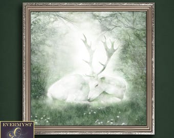 Pintura de ciervo celta, arte de ciervo en lienzo, animal espiritual del ciervo, arte de ciervo blanco, pintura de criaturas míticas