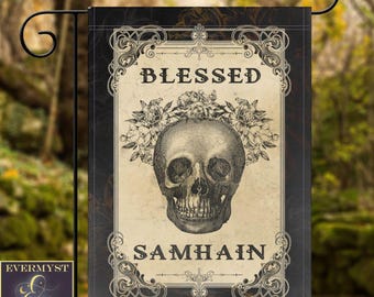 Blessed Samhain Garden Flag: Witch Pagan Decor, Mystical Seasonal Banner (Weatherproof)