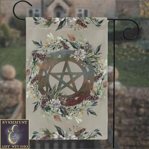 Bandera de jardín de la cosecha de pentáculos - Letrero decorativo de jardín con temática de brujería pagana otoñal y naturaleza boscosa