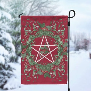 Pentagram Yule Garden Flag Pagan Witch Decor with Holly Ivy Mistletoe Nature Decoration Banner Yard Flag Pentacle