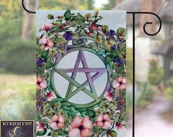 Bandera de pentáculo con flores de bayas de primavera, bruja, wicca, pagano, decoración de Beltane