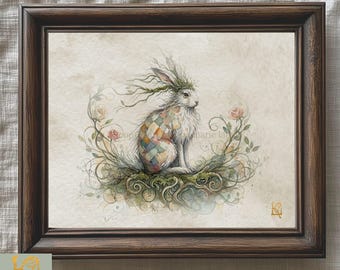 Mythic Watercolor Meadow Rabbit Painting – Folk Animal Art Print - Custom Whimsical Cottage Wall Decor
