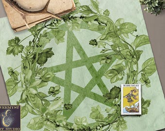 Cotton Pentacle Altar Cloth | Green Nature Witch Tarot Textile, Pagan Protection Decor - Customize Option