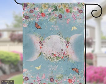 Bandera de jardín floral de triple luna – Estandarte de Beltane o Litha, decoración para cabaña de brujas de aquelarre