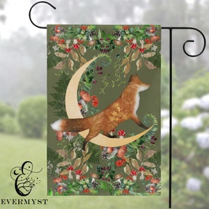 Forest Fox Garden Flag - Whimsical Green Folk Woodland Cottage Yard Banner Sign