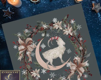 Altar Cloth | Whimsical Scandi Yule Goat Botanical Decorative Textile Display